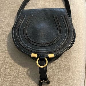 Chloe Marcie nano cross body bag with gold hardware. Black calfskin leather.